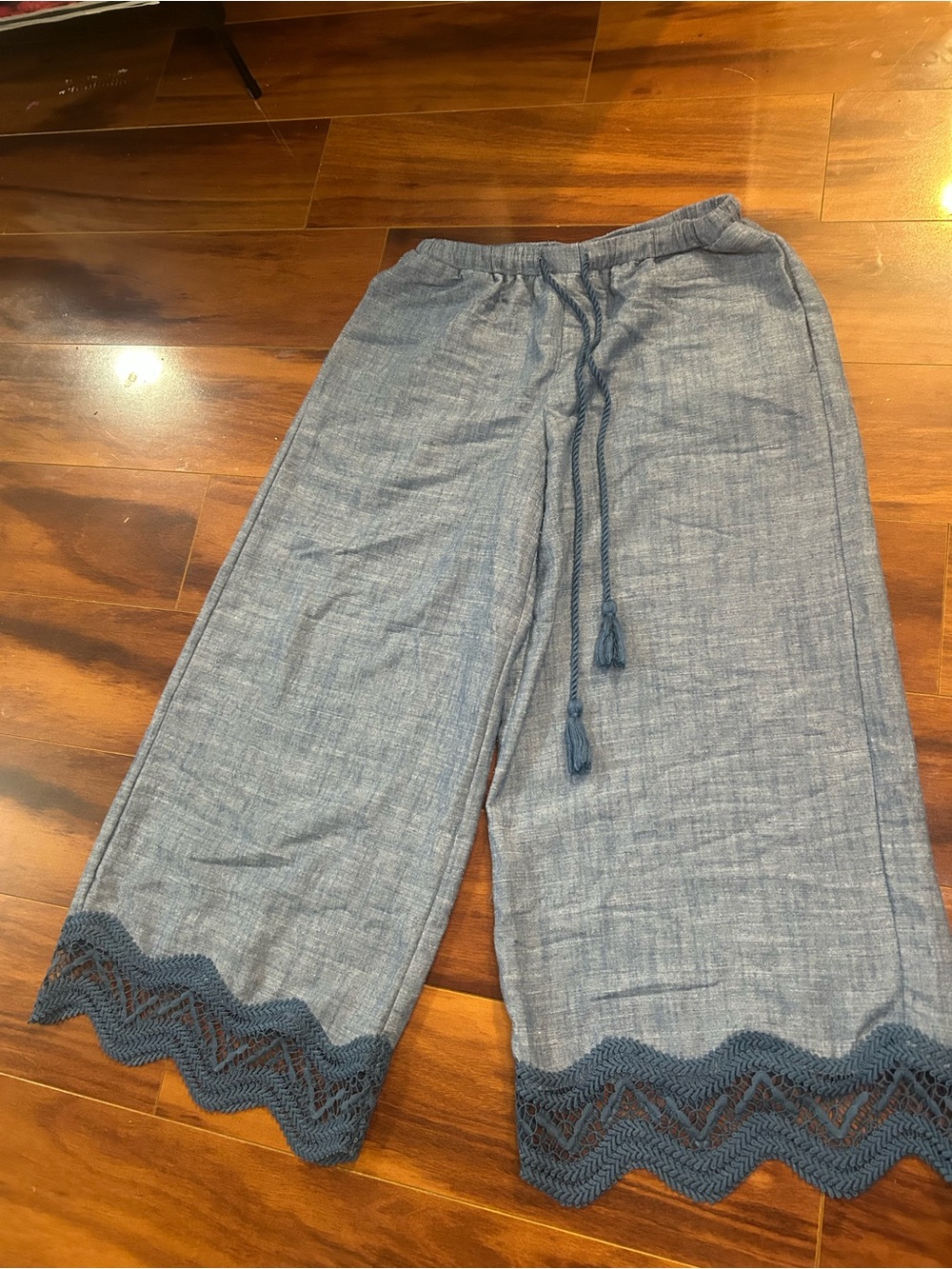 Parker Wide-Leg Crochet Hem Pants in Chambray Blue